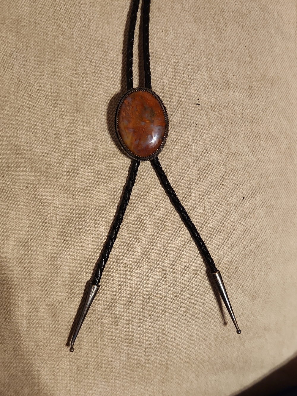 Brown Stone Bolo Tie with Braided Leather Cord